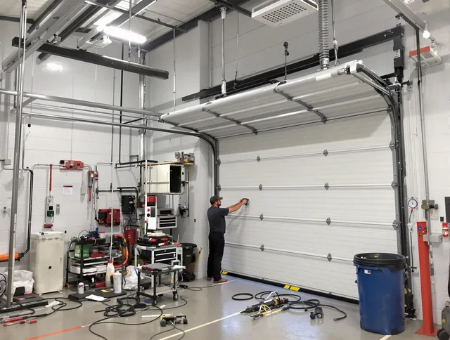 Seekonk Garage Door Repair certified technician performing commercial door repair at a Seekonk business facility