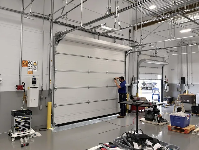 Commercial garage door repair being performed by Seekonk Garage Door Repair expert in Seekonk