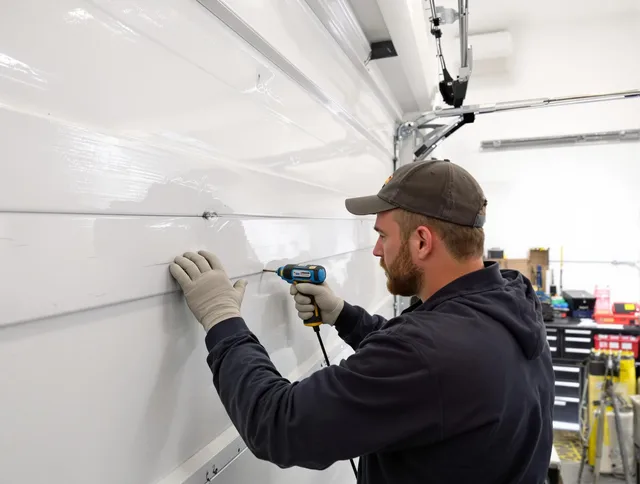 Seekonk Garage Door Repair technician demonstrating precision dent removal techniques on a Seekonk garage door