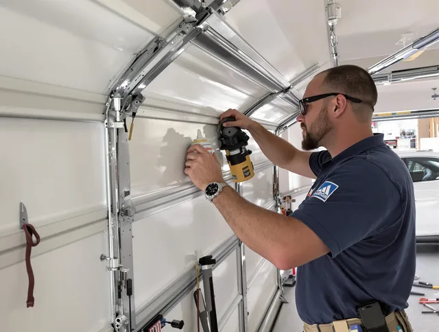 Seekonk Garage Door Repair technician quieting a noisy garage door in Seekonk