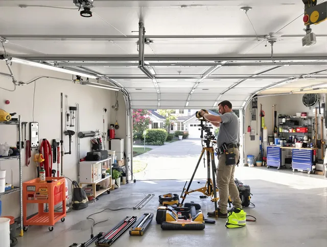 Seekonk Garage Door Repair specialist performing laser-guided track alignment in Seekonk